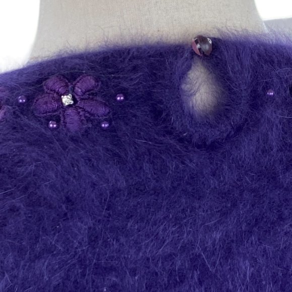 Vintage Angora Wool Sweater Purple Embroidered Flower Gems Dark Fairycore-L - Picture 11 of 14